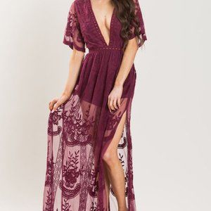 Mila Burgundy Lace Maxi Jumpsuit in Burgundy